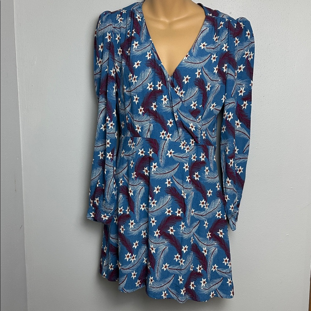 & Other Stories Blue Floral and Feather Print Boho Mini Dress